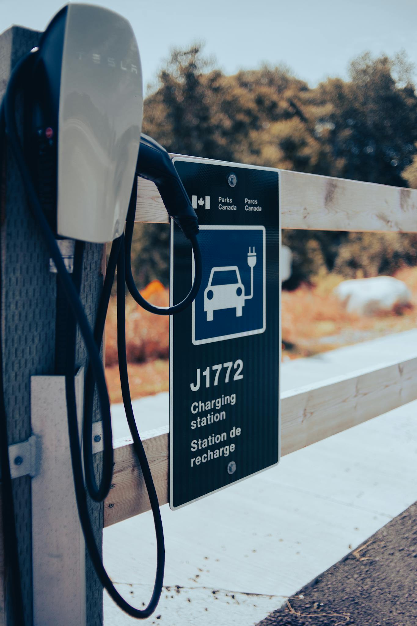 Electric vehicle charging station with scenic background and clear signage.