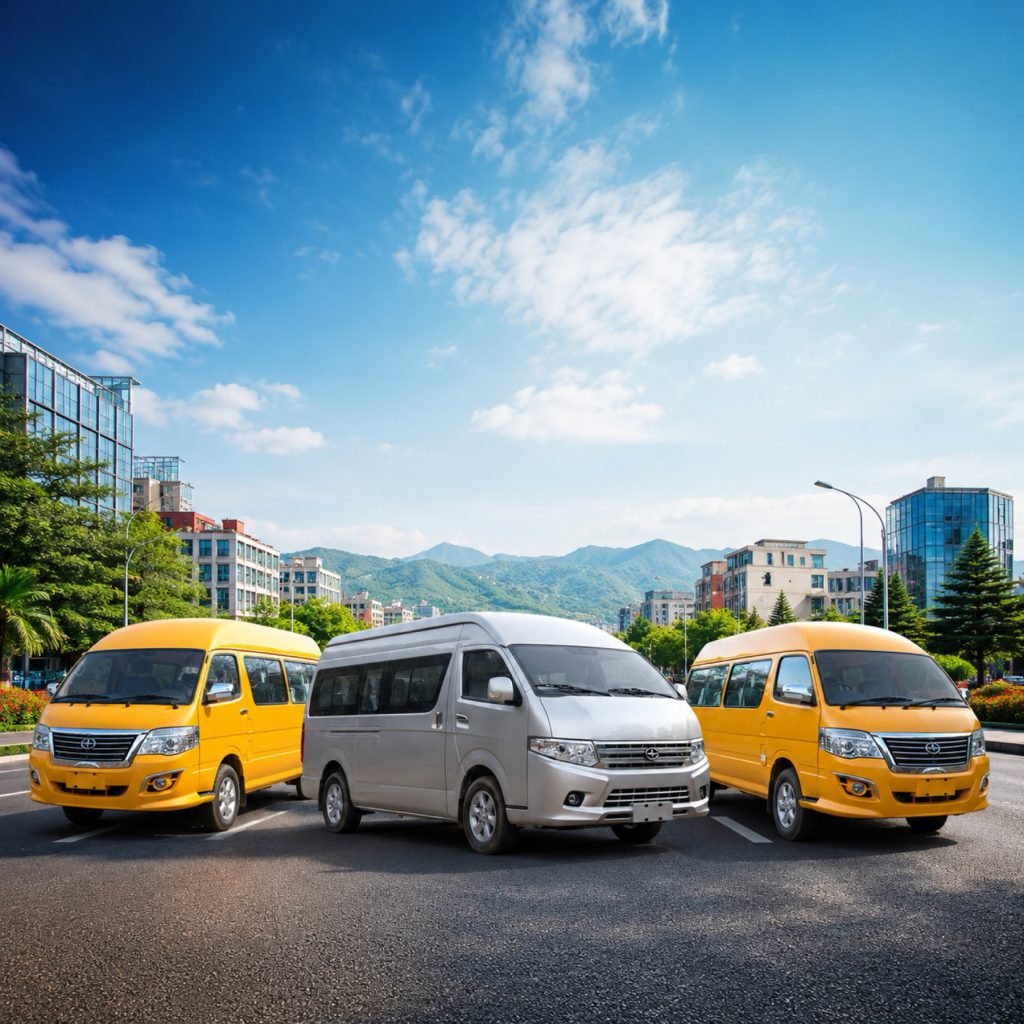 Two yellow and one silver electric mini-bus on a city road
