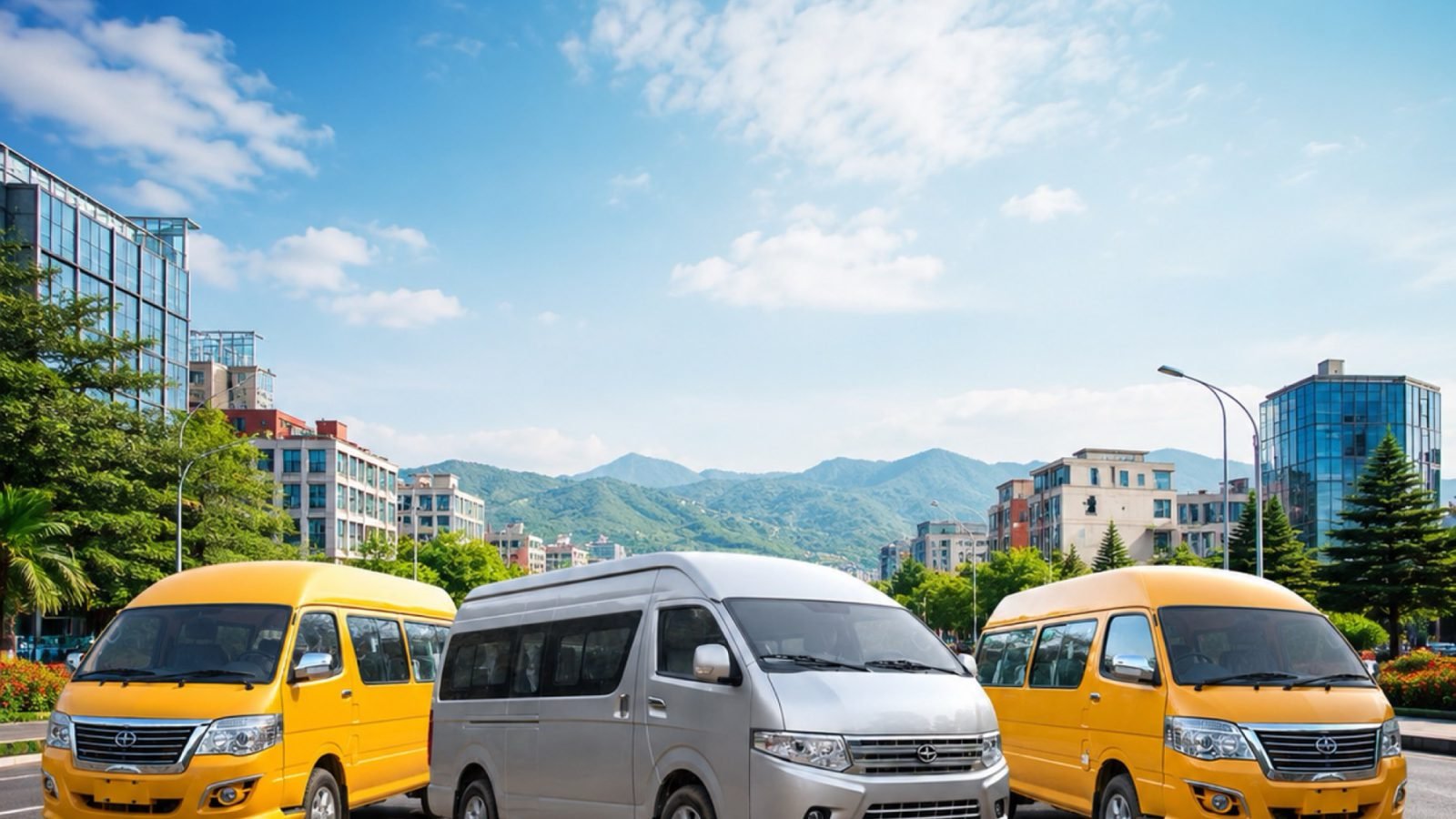 Two yellow and one silver electric mini-bus on a city road