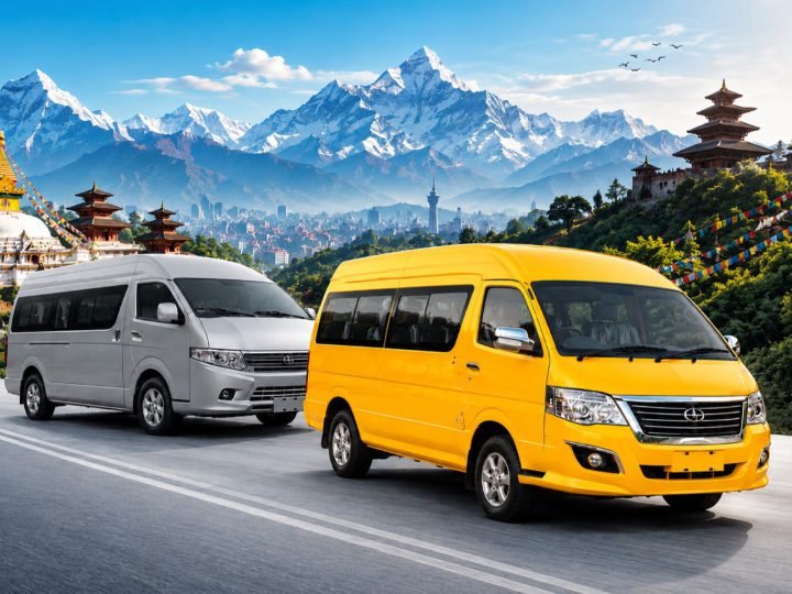 Silver and yellow electric mini-buses with a Kathmandu temple and the Himalaya behind