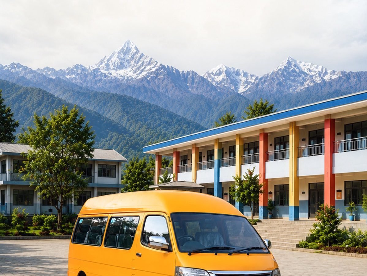 Yellow electric mini-bus parked outside a school with snow-capped mountains behind