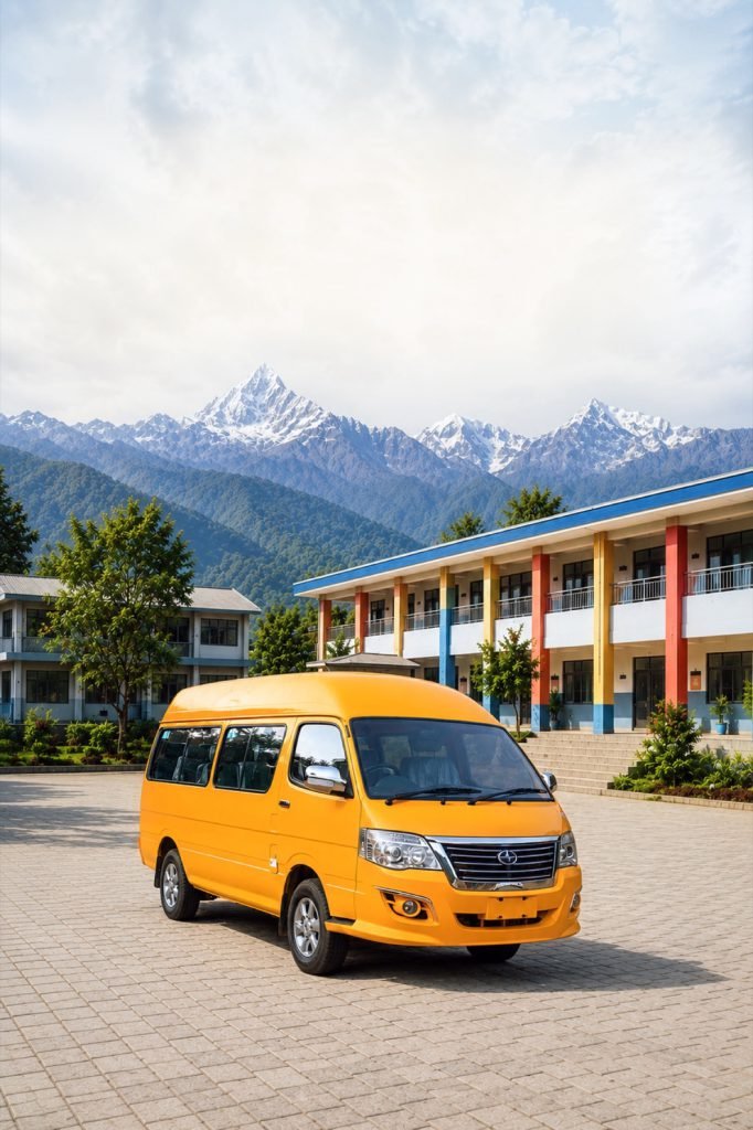 Yellow electric mini-bus parked outside a school with snow-capped mountains behind