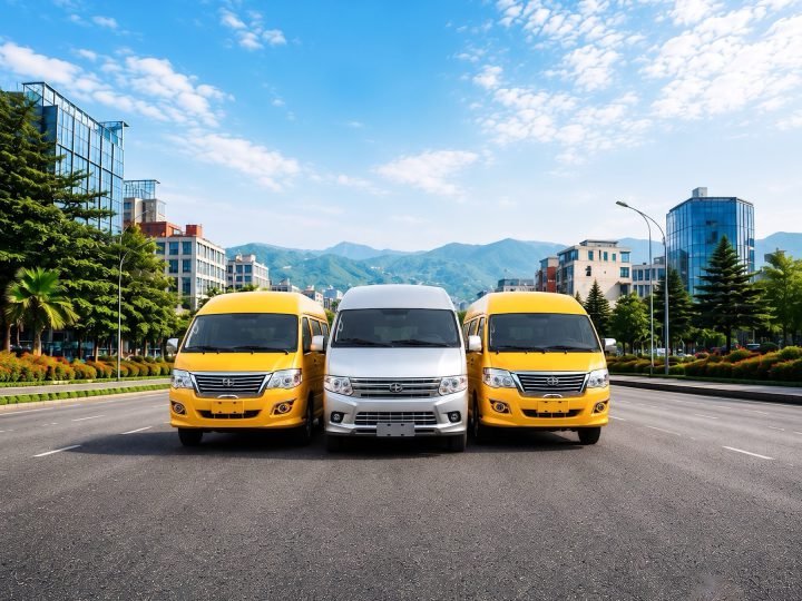 Front view of three electric mini-buses side by side